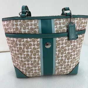 Coach Womens Chelsea Heritage Signature Tote Bag Tan & Green